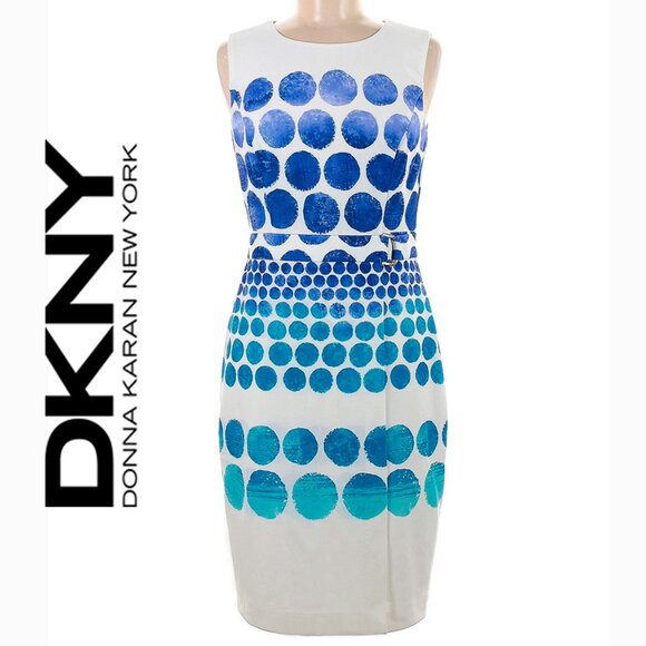 NEW DKNY White Blue Polka Dot Sleeveless Belted Sheath Dress - Picture 1 of 11